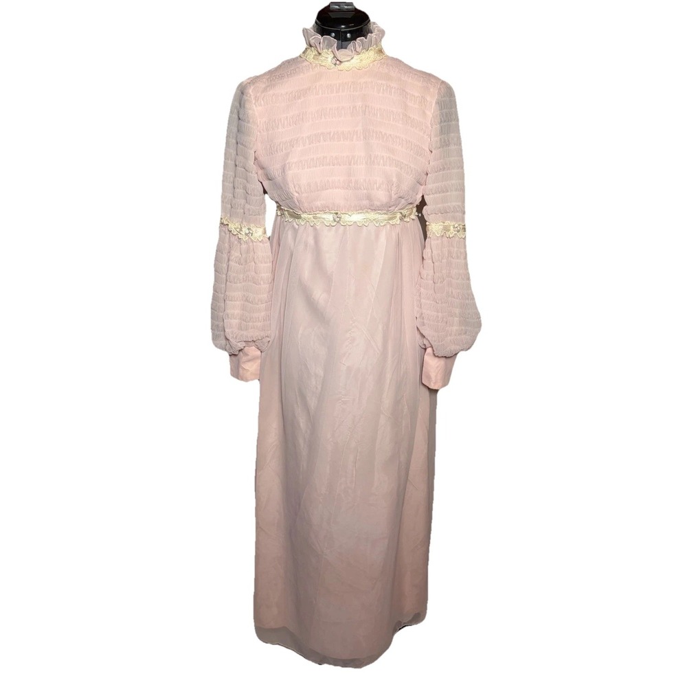 Vtg 70s Pink Prairie Dress Lace High Neck Boho Maxi B31" DAMAGED/STAINED XXS